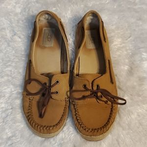 UGG Espadrille Boat Shoes Loafers Brown Leather Casual Comfort Slip On‎